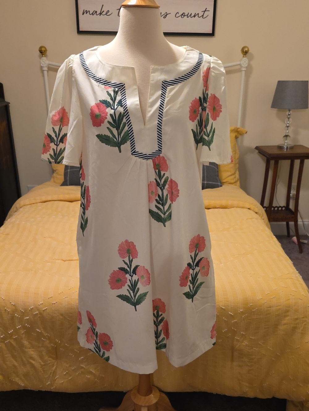 White Floral Tunic Dress with Pink & Green Print